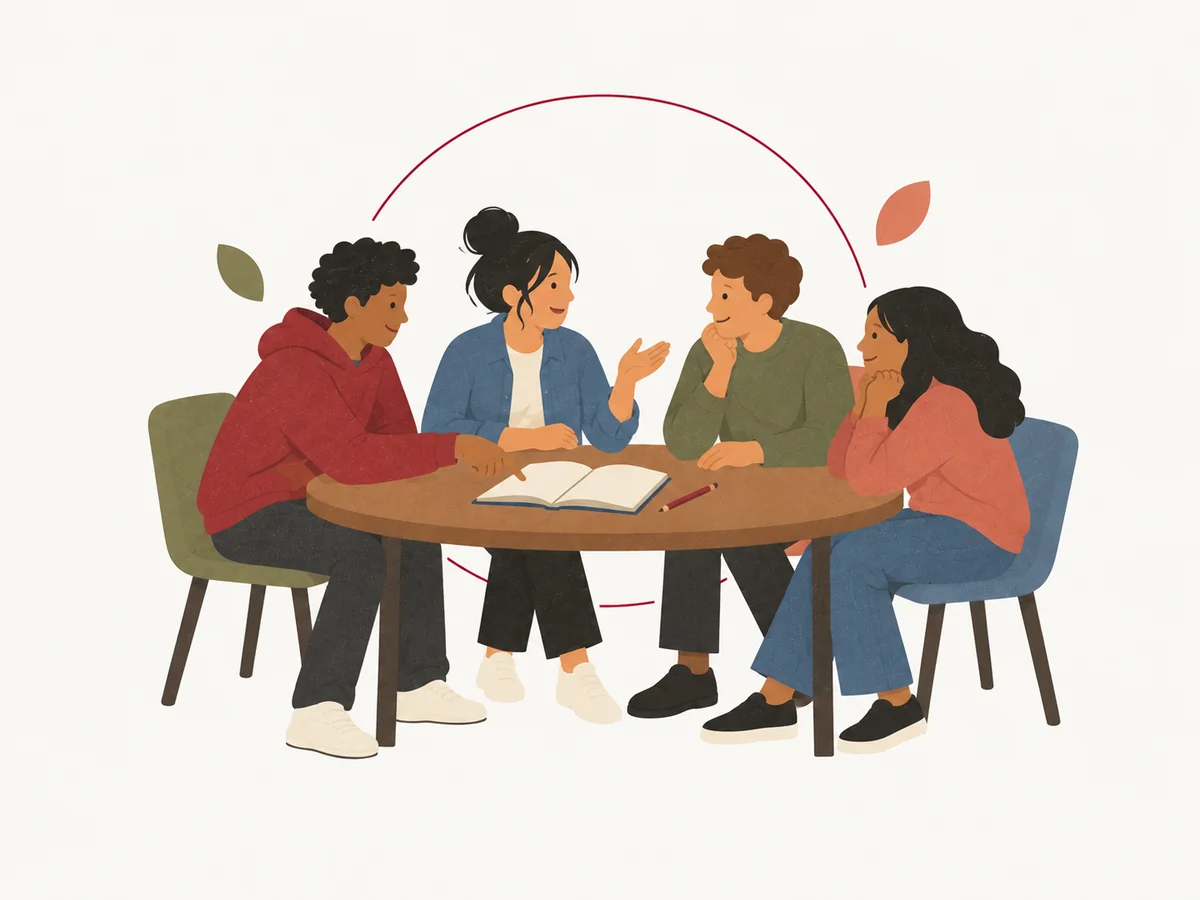 Illustration of students forming a group around a table.