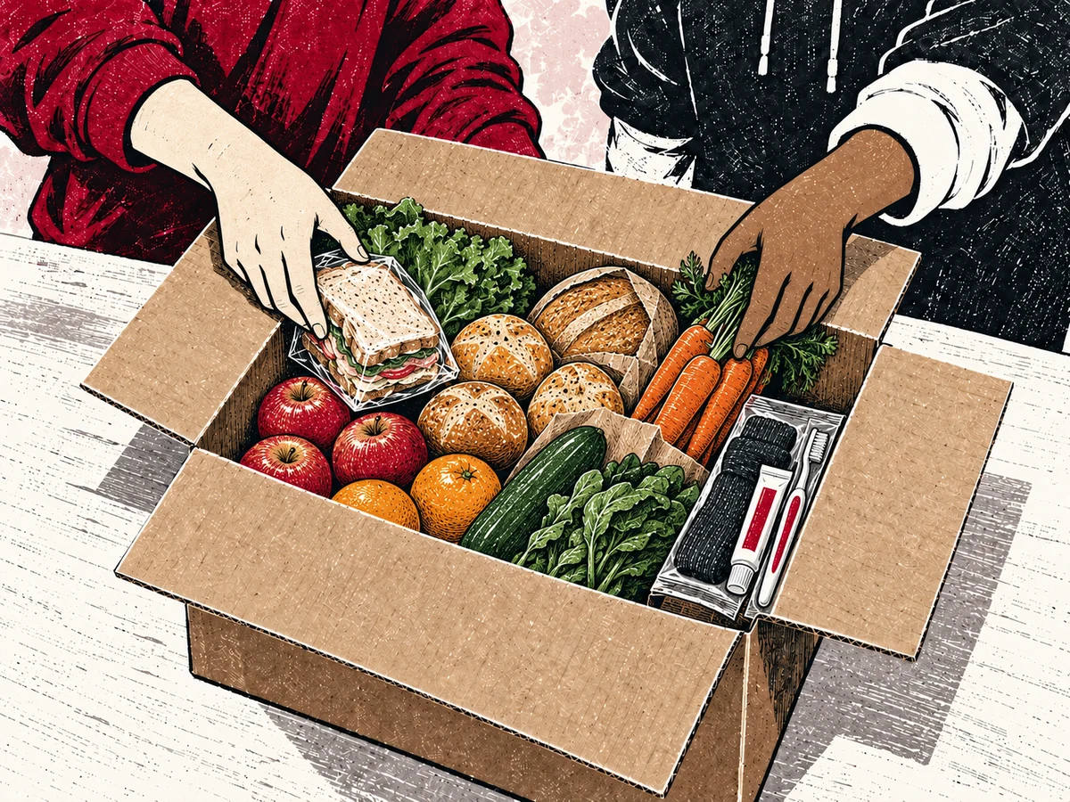 Illustration of volunteers packing fresh bread, fruit, and vegetables into a cardboard box, with socks, toothpaste, and a toothbrush grouped to the side.