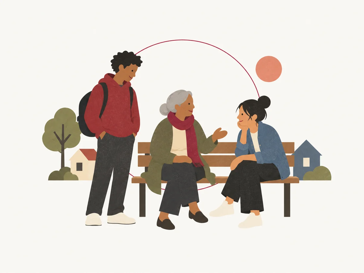 Illustration of two young people listening to an older neighbor.