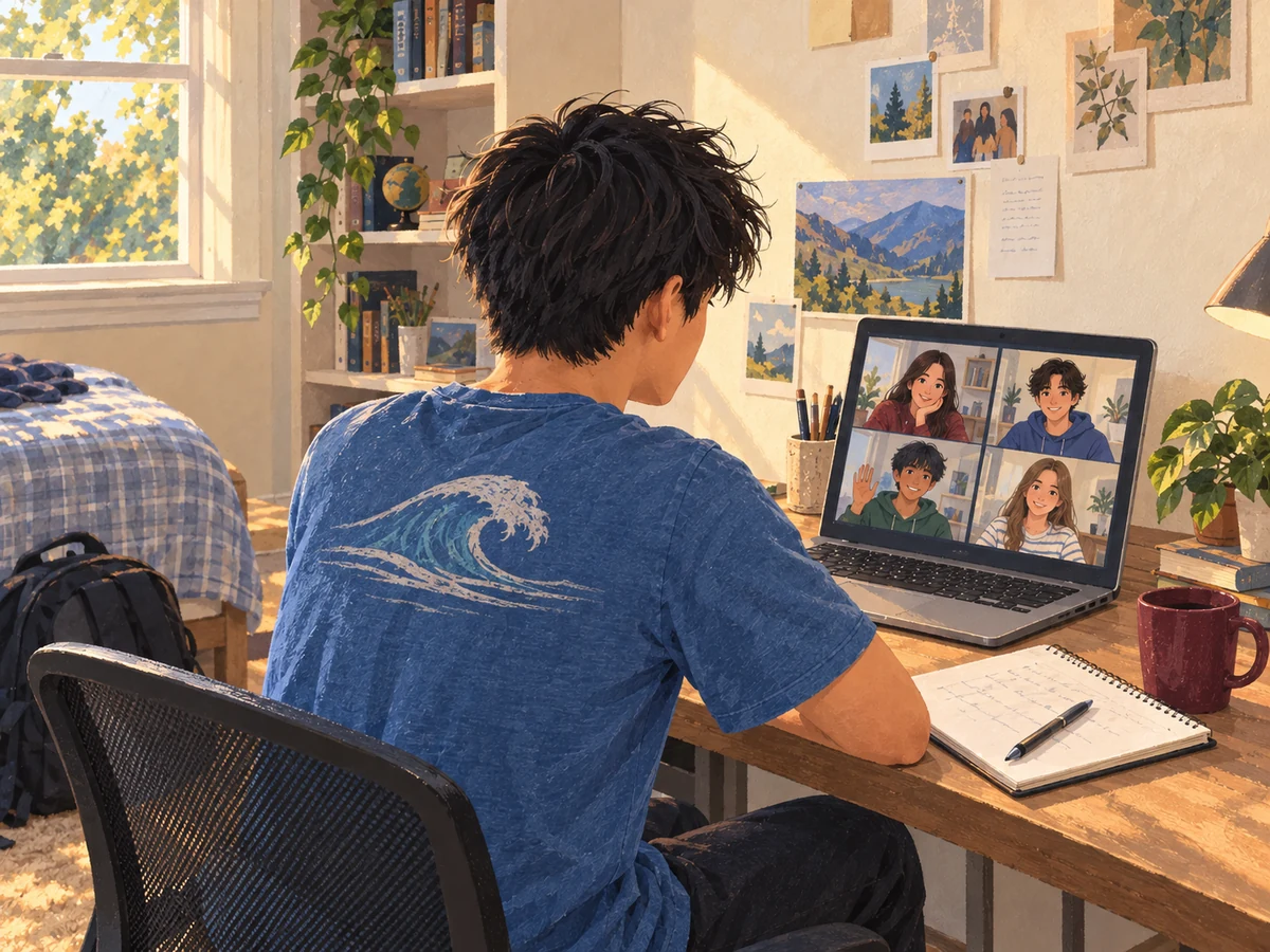 Illustration of a student joining other volunteers in an online conversation.