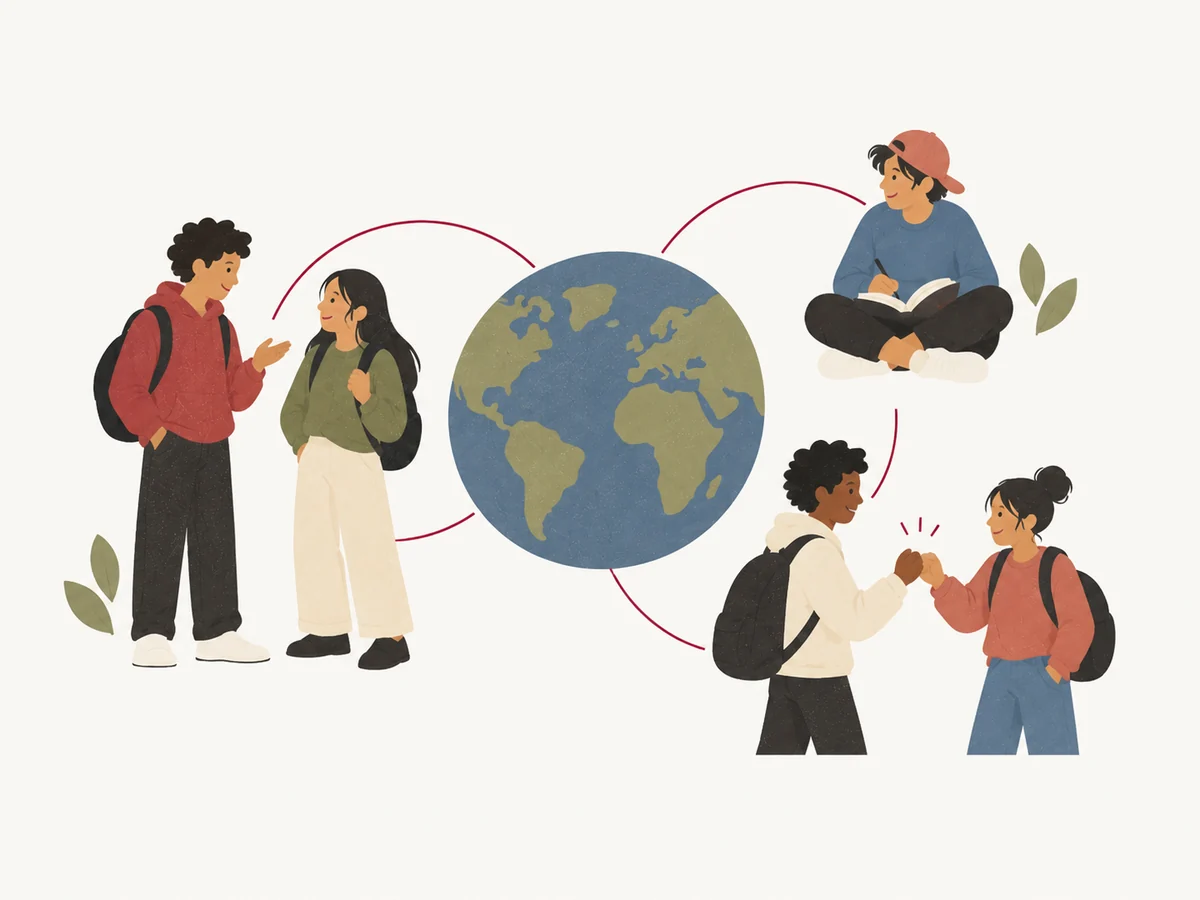 Illustration of young people connecting across the globe.