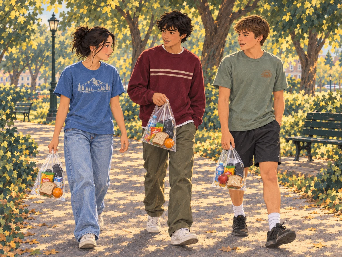Illustration of student volunteers walking along a park path with clear care bags.