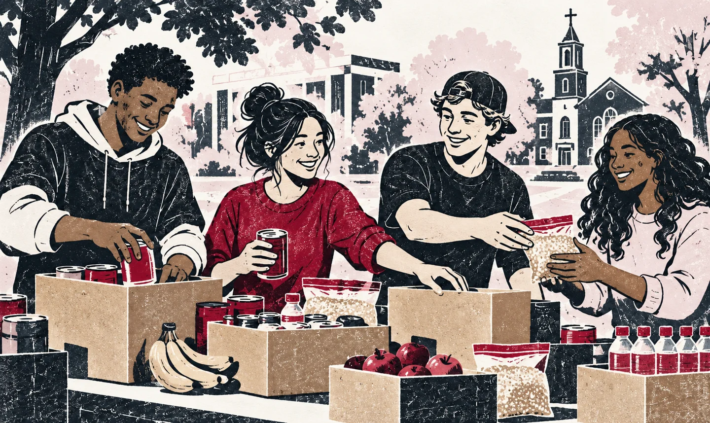 Illustration of students assembling neighborhood care packages together.